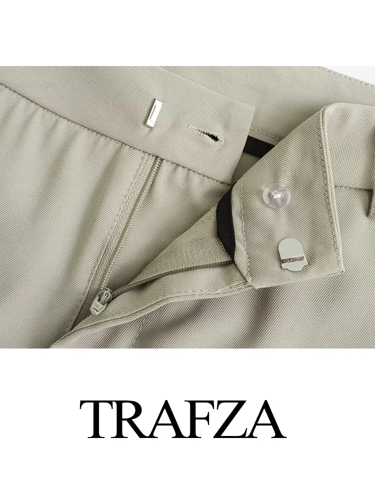 TRAFZA Women Vintage Solid Casual Loose Pants High Waist Zipper Fly Trousers Office Lady Straight Pants Female Fashion Chic Pant