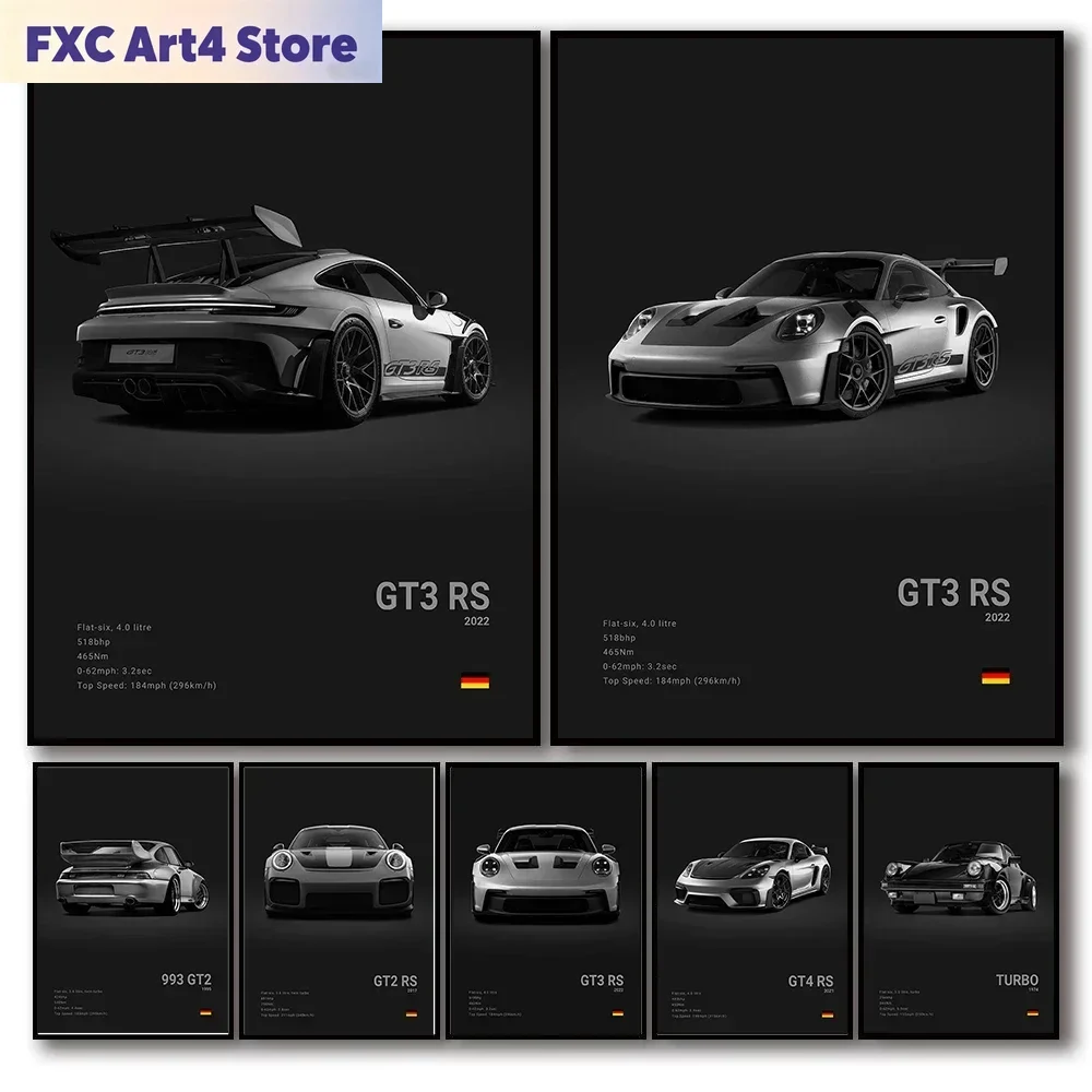 Frameless Pop Black and White Germany Luxury Super Sport Car Poster Aesthetic 911 GT3 RS Turbo Canvas Print for Wall Art Garage