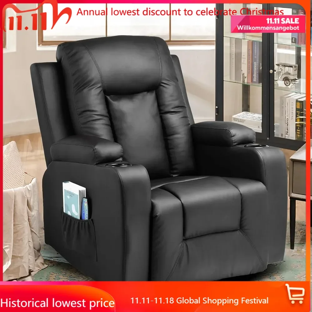 Recliner Chair, PU Rocking Chair for Adults, Swivel Recliner with Cup Holders, Heat and Massage, Single Sofa Seat with Side