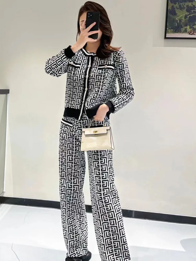 Fashion Retro Suit Women Maze Plaid Temperament Chic O-collar Belt Knit Cardigan Top Three-piece + High Waist Wide Leg Pants Set