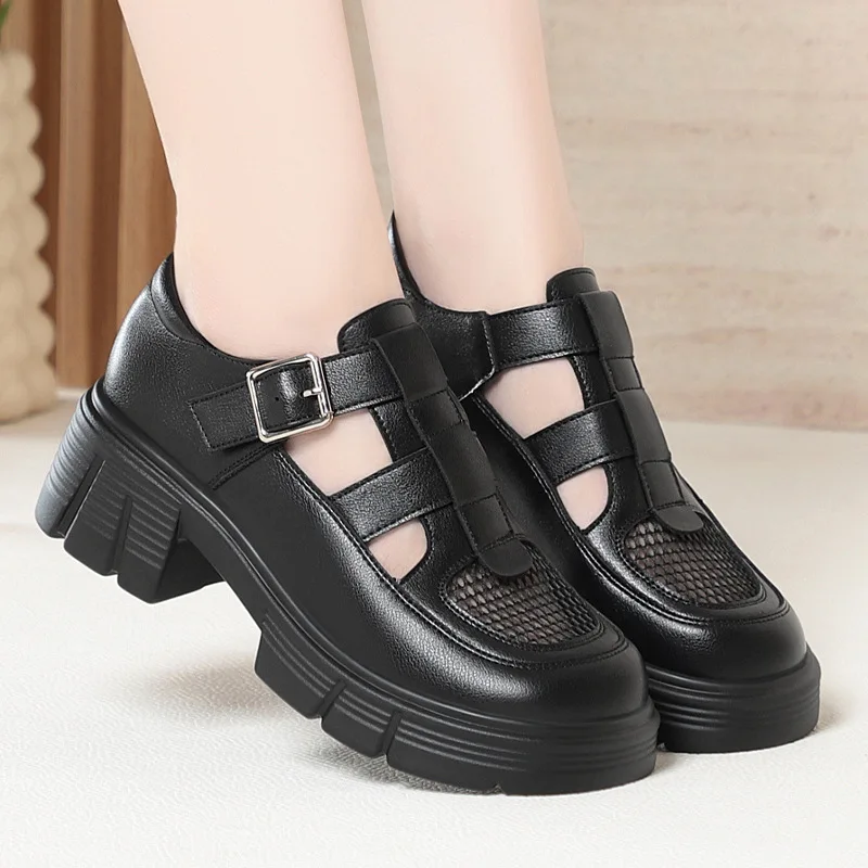 

Mesh Panel Platform Mary Jane Shoes With Buckle Strap Cut Out Chunky Heel Breathable Casual Black Shoes For Summer And Daily Wea