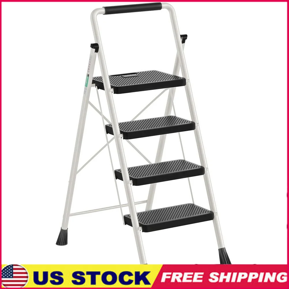 Portable Folding Step Stool 4 Step Ladder Wide Anti-Slip Pedal Handgrip Lightweight Safe Alloy Steel Foldable Stairs Office Home