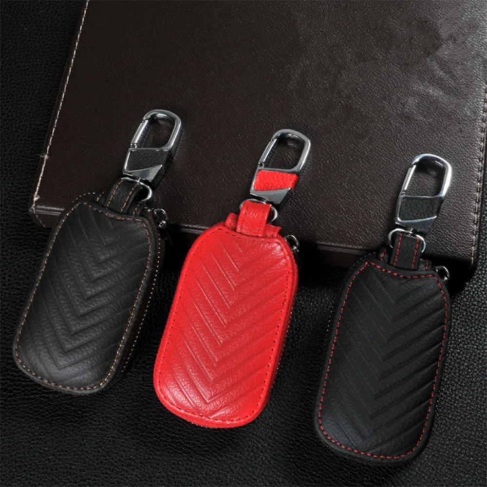 Car Key Chain Bag Leather Smart Key Holder Cover Remote Fob Zipper Case Men Key Holder Housekeeper Keys Organizer Keychain