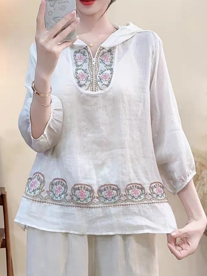 Sommer Neue Hut Gesticktes Flachs Lässige Leichte Chinesische Sle irt Damen Top Match Alle Gerade Röhre ort Sve Mit Kapuze