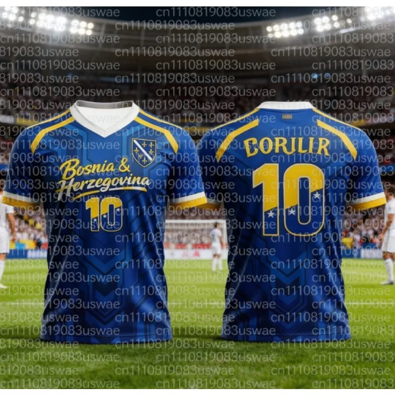 2026 Sommer Bosnien Nr. 10 Fußball-T-Shirt Blaues Muster Freizeit-T-Shirt Erwachsenen Patriotisches Sport-T-Shirt Herren- und Damen-T-Shirt