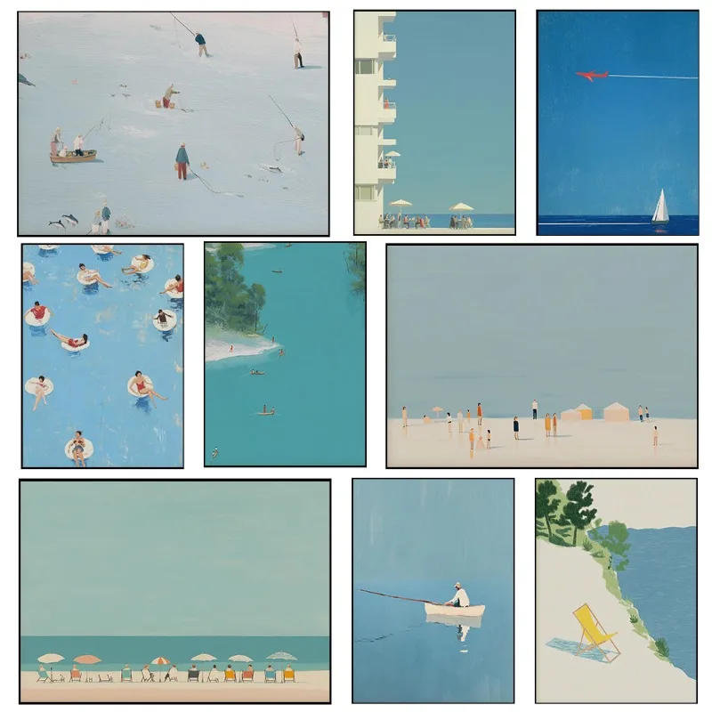 Coastal Minimalist Tiny People Print Beachy Ocean Wall Art Beach Painting Lake House Decor Summer Pool Print Living Room Decor