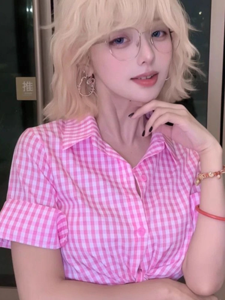 Vintage Fashion Pink Plaid Shirts Women Slim Fit Long Sleeve Sweet Button Design Tops Harajuku Casual Chic Sexy Lovely Outfits