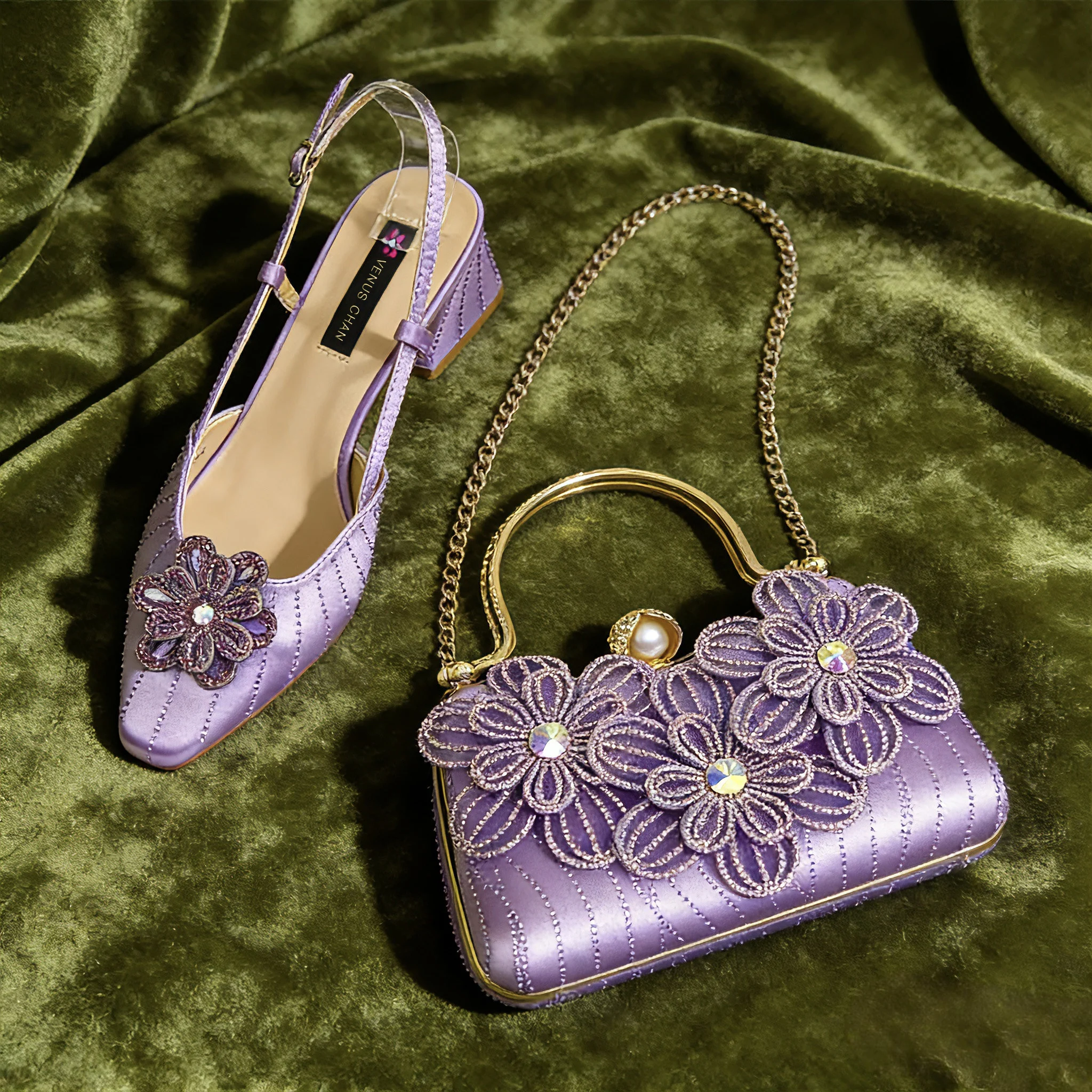 

Шикарные светло-фиолетовые туфли на каблуке со стразами и подходящий клатч — элегантный коричневый комплект из туфель и сумки для особых случаев для женщин