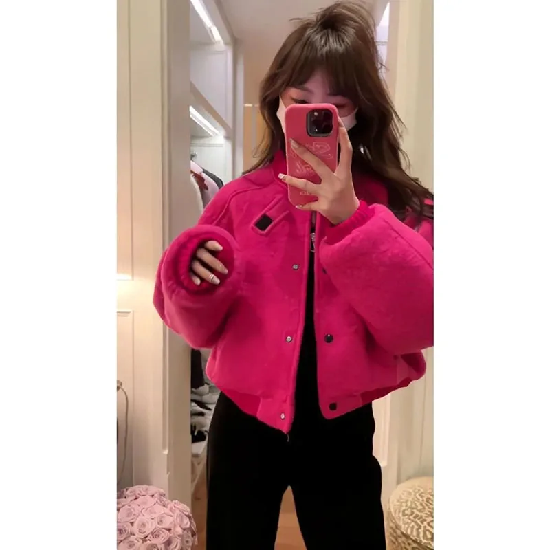 เสื้อแจ็คเก็ตสั้นผู้หญิงสำหรับฤดูใบไม้ร่วงและฤดูหนาว แฟชั่นสไตล์เกาหลี ตกแต่งผ้าขนแกะ แขนยาว สวมใส่สบาย