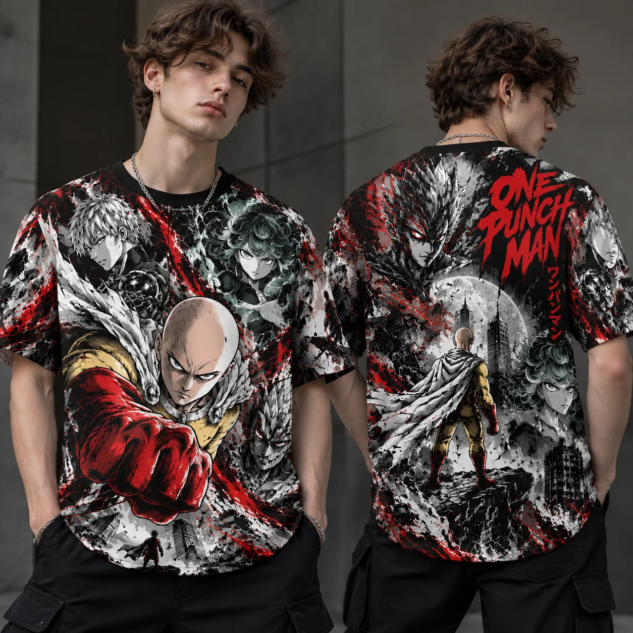 Front Back Full Print Anime Hero Characters Graphic T-shirt Unisex Bald Fist Warrior Red Splash City Scene Dual Sided Summer Top