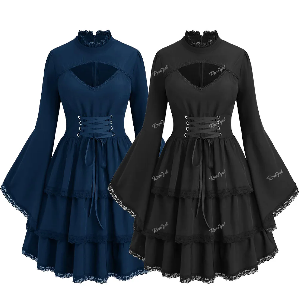 ROSEGAL Gothic Lace-up Layered Dresses Plus Size Floral Lace Trim Cutout Flare Sleeves Ruffles Knee-Length Solid Color Vestidos