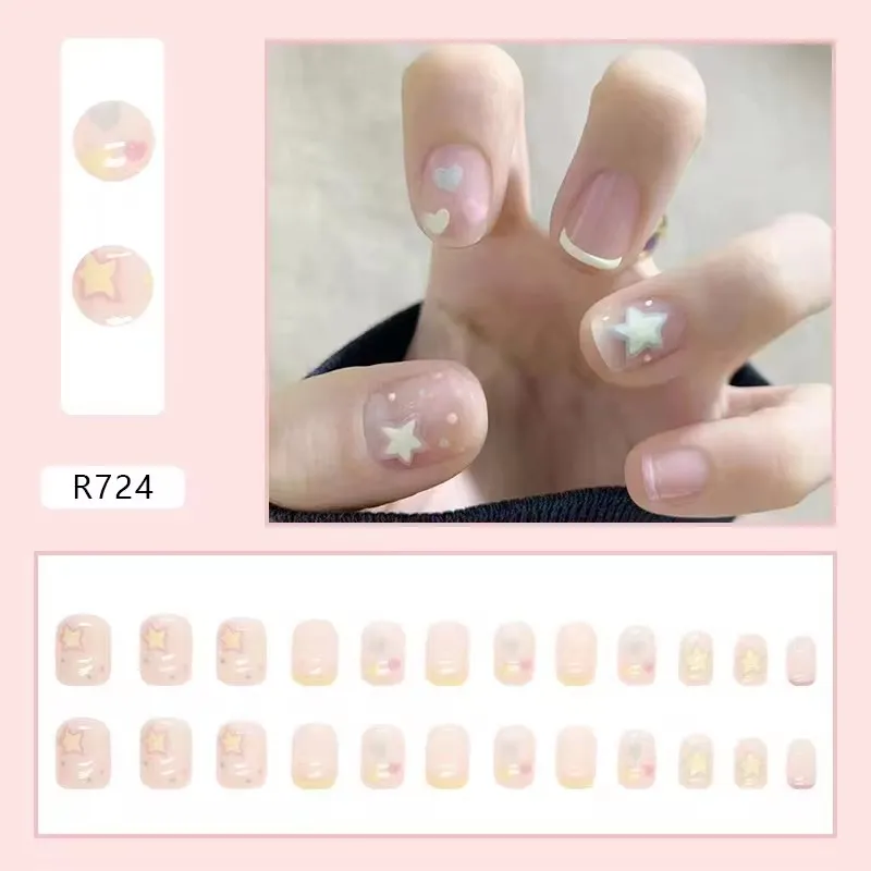 24pcs Short Handmade Press on Nails Cute Love Heart Star Flower Full Cover Fake Nail Plaid Manicure Wearable Nail Tips Tools