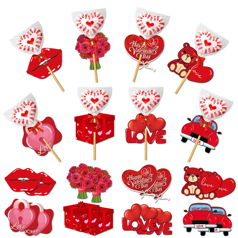 8pcs Valentine's Day LOVE Paper Card,Cartoon Lollipop Packaging Creative Insert Card Party Decoration Supplies