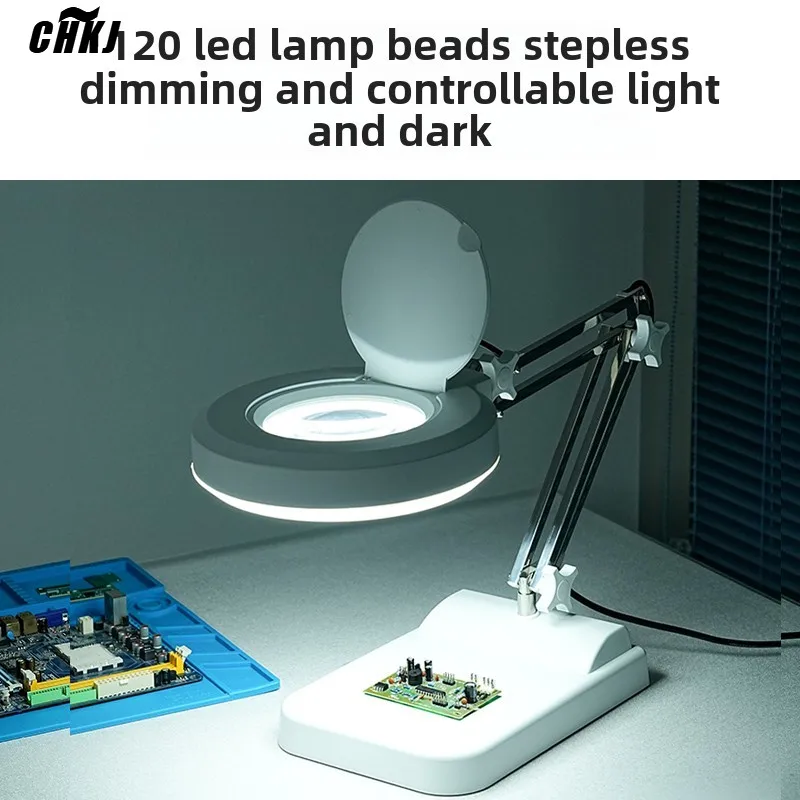 CHKJ 220V Desktop Magnifying Glass for Electronic Repair with High Definition Engraving, LED Light, Foldable Stand