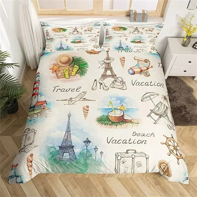 Eiffel Tower Duvet Cover Single Queen Beach Vacation Bedding Set Polyester French Style Painting Comforter Cover For Boys Girls