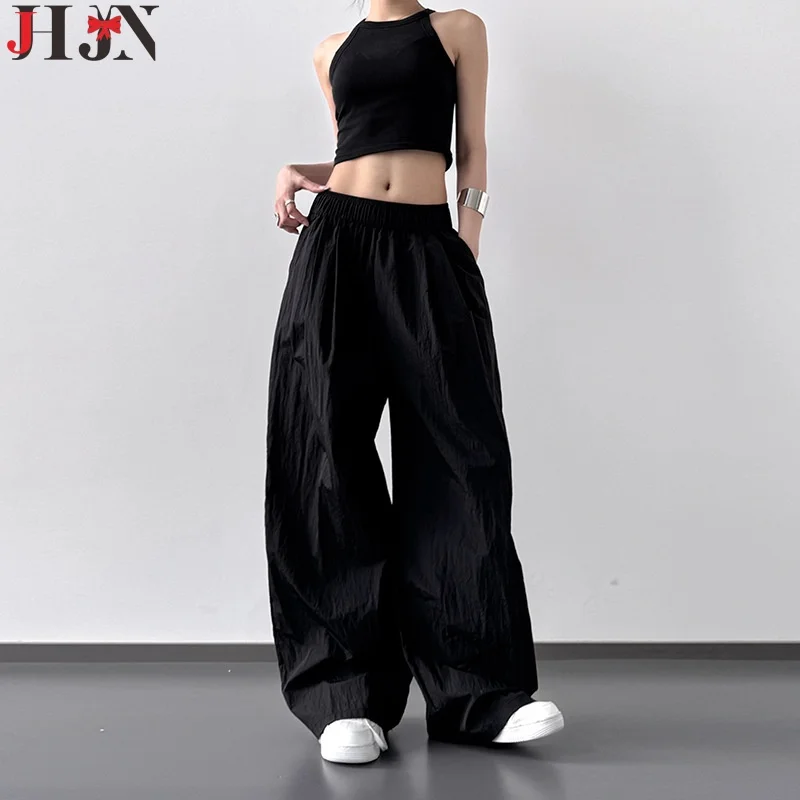 

JHJN женские брюки однотонные дышащие и крутые британские прямые брюки с широкими штанинами женские повседневные брюки спортивные штаны с эластичной резинкой на талии