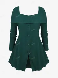 ROSEGAL Plus Size Square Neck Sweater Buttons Textured Turn-Down Collar Casual Ribbed Pullovers Deep Green