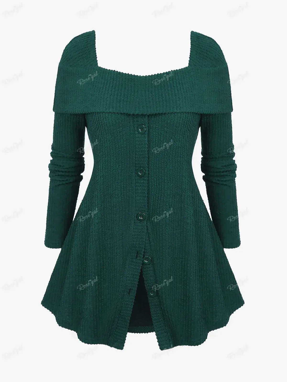 ROSEGAL-Plus Size Ribbed Sweater with Buttons, Deep Green Pullovers, Square Neck, Textured, Turn-Down Collar, Casual Costume