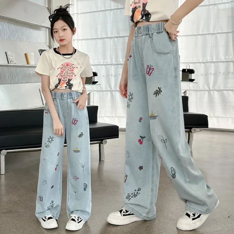 Girls Loose Wide-leg Jeans Trousers Children Butterfly Embroidery Straight Denim Pants Spring Autumn Casual Clothing 5-12 Years