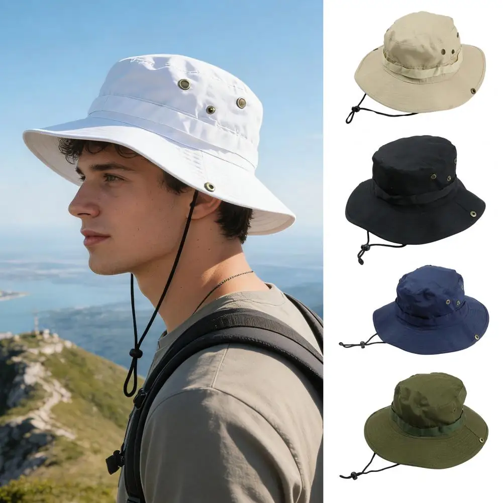Fisherman Hat Wide Brim Quick-Drying Mesh Sun Protection Basin Hat Drawstring Travel Jungle Exploration Hat Men Fishing Cap