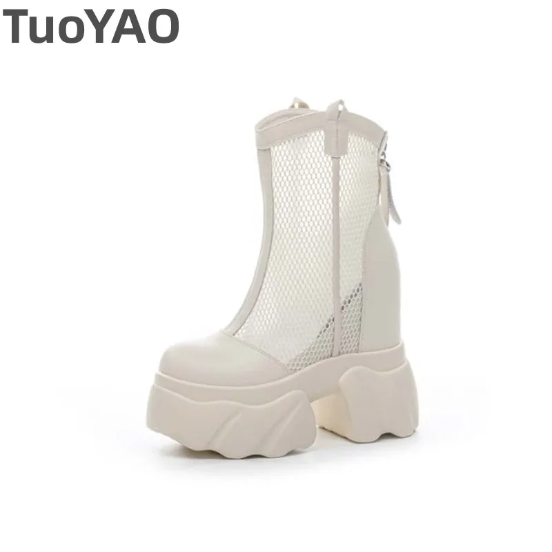 

12cm Air Mesh Genuine Leather Boots Chimney Sandals Hollow Ankle Booties ZIP Fashion Shoes Women Pumps Summer Motorcycle