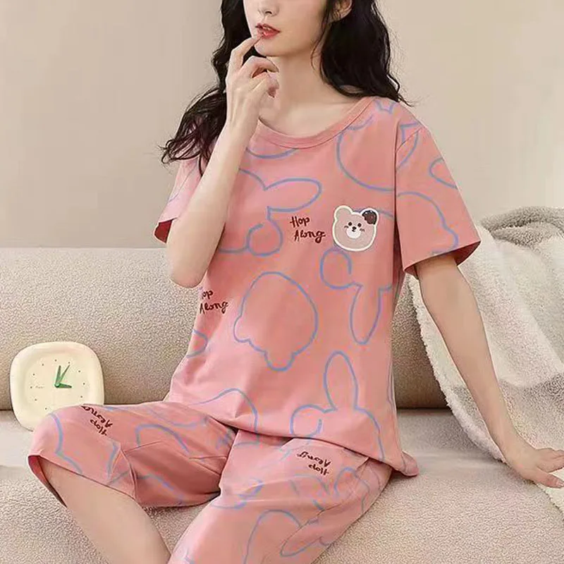 Pajamas Women Seven-Minute Trousers Thin Section Suit Large Size Air-Conditioning Clothing Brown Bear Home Wear Pink Can Be Worn