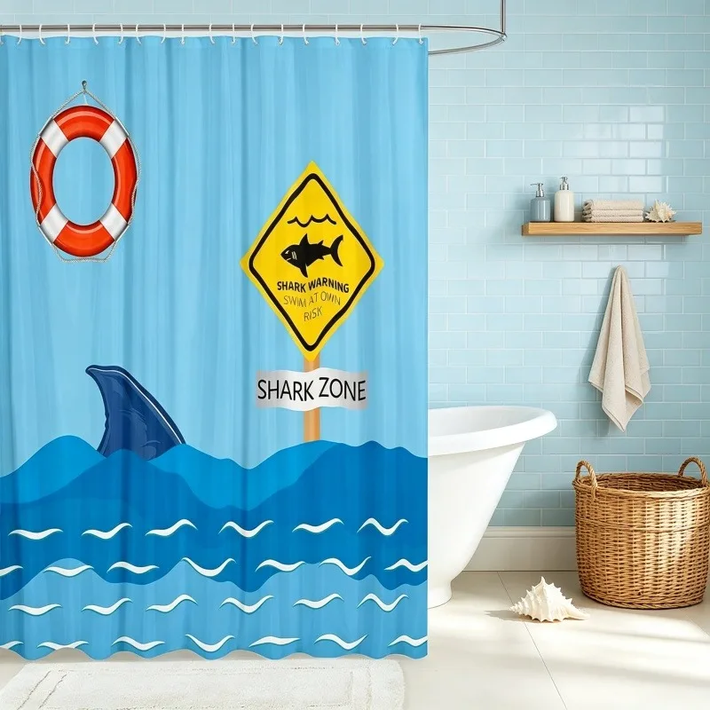 Fun Shark Zone Shower Curtain Nautical Beach Bathroom Decor Waterproof Curtain for Kids Pool Shower Curtain