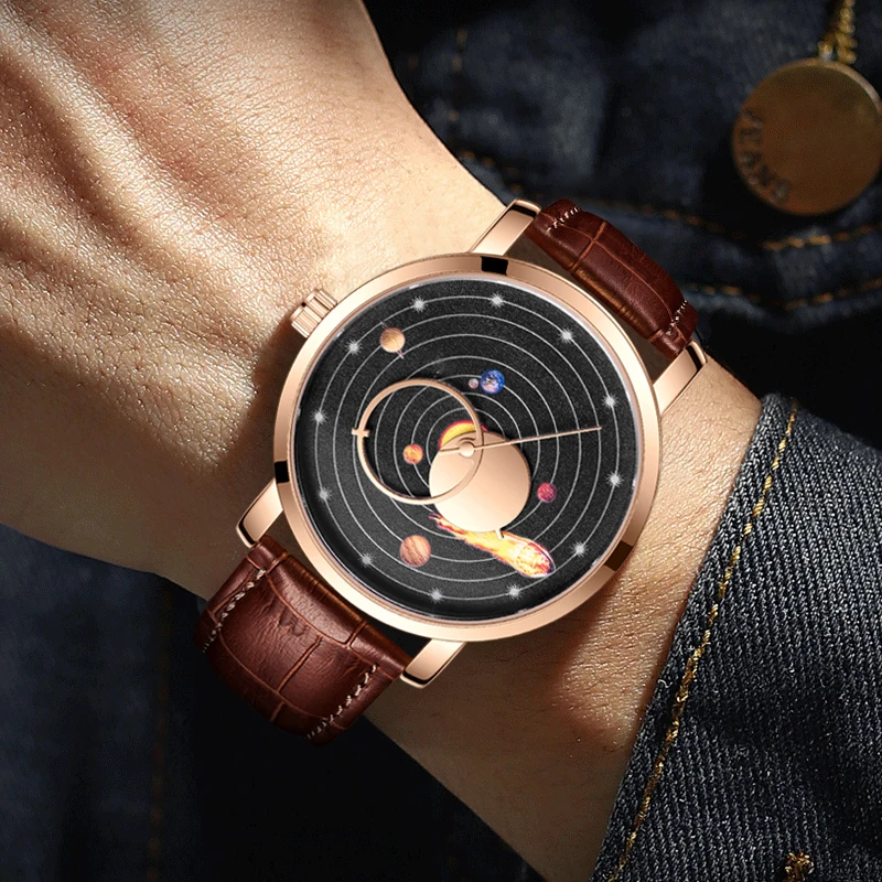 Lige kreative Design Uhr für Männer Sonnensystem Zifferblatt Leder Sport wasserdichte Armbanduhr Quarzt Uhren Uhr Relogio Masculino