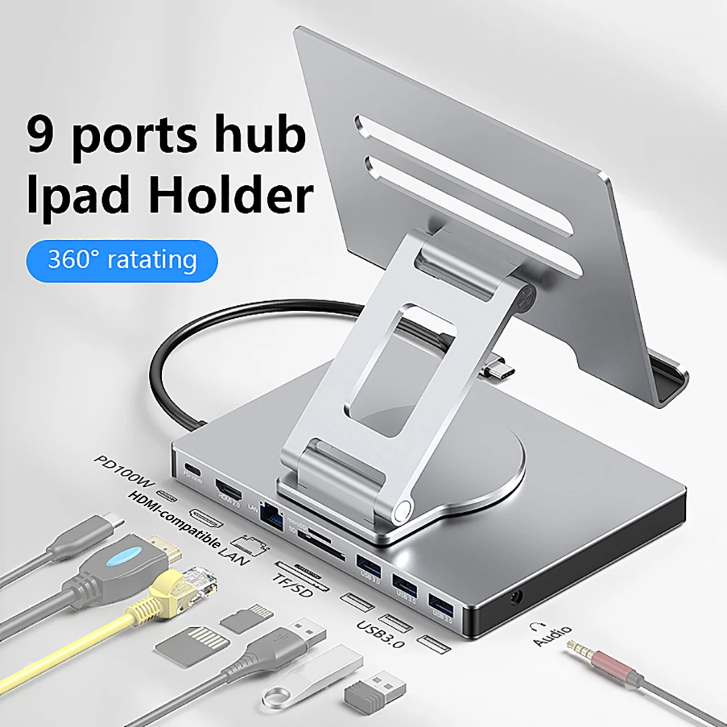 

Multi USB C Hub with 360° Rotating Stand HDMI-compatible 4K 60Hz PD 100W USB3.0 SD TF for iPad Pro Tablet Docking Station 5Gbps