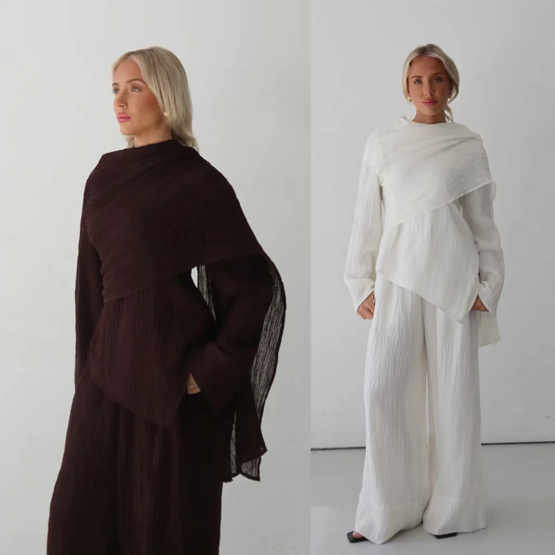 

New 2Pcs Muslim Women Matching Set Cape Tops and Pants Crinkle Outfits Dubai Abaya Turkey Kaftan Suit Femme Musulmane Ensembles