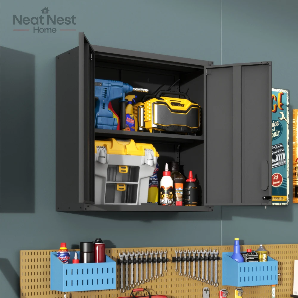 

Metal Wall-Mounted Tool Storage Cabinet,2 Locking Door ,adjustable Shelf/Opened Drawer for Garage Warehouse,Assembly Required