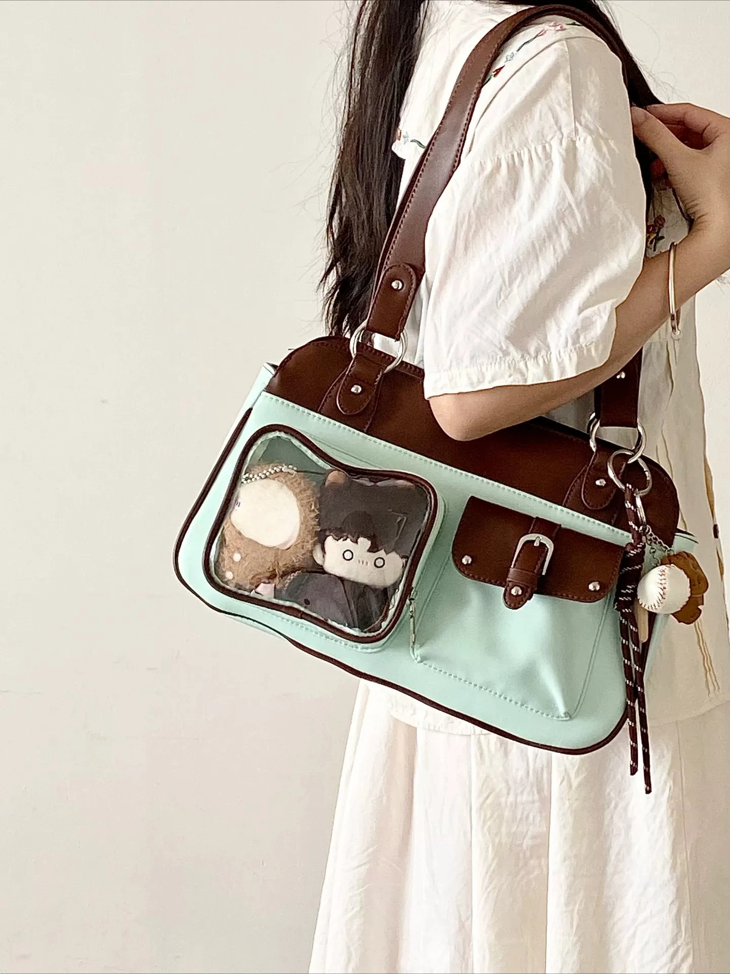 Vintage Color Block Ita Shoulder Bag Small Capacity Clear Window Tote for 10cm Plush Doll, Anime Pin Badge Photocard Display Bag