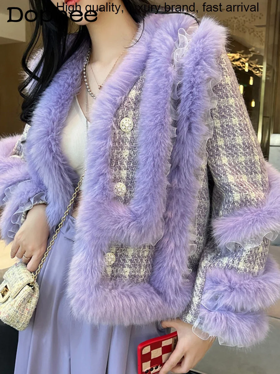 

Winter New 2023 Luxury Fox Stitching Purple Fur Coat Women Socialite V-neck Long Sleeve Double Breasted Woolen Jacket Casaco