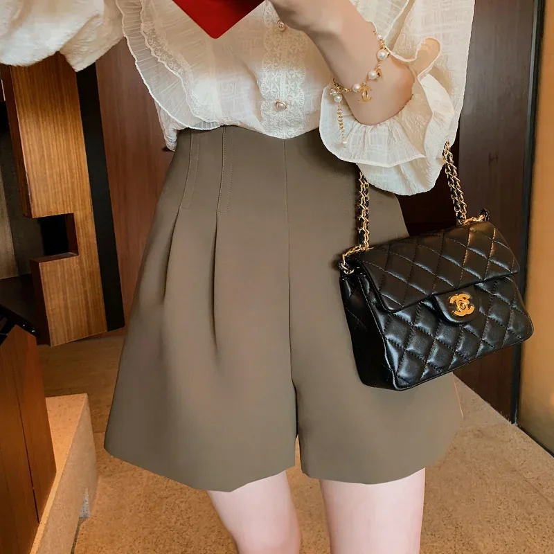 

Korean Khaki High Waist Wide-Leg Suit Shorts Women Summer New Pleated Design Versatile Slim Loose A- Line Shorts Women Z765