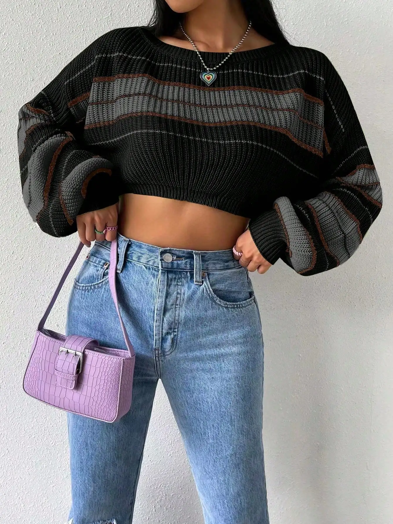 

Women's Cropped Striped Drop Shoulder Knit Pullover Sweater - Loose Fit, Long Sleeve, Fall Winter Casual