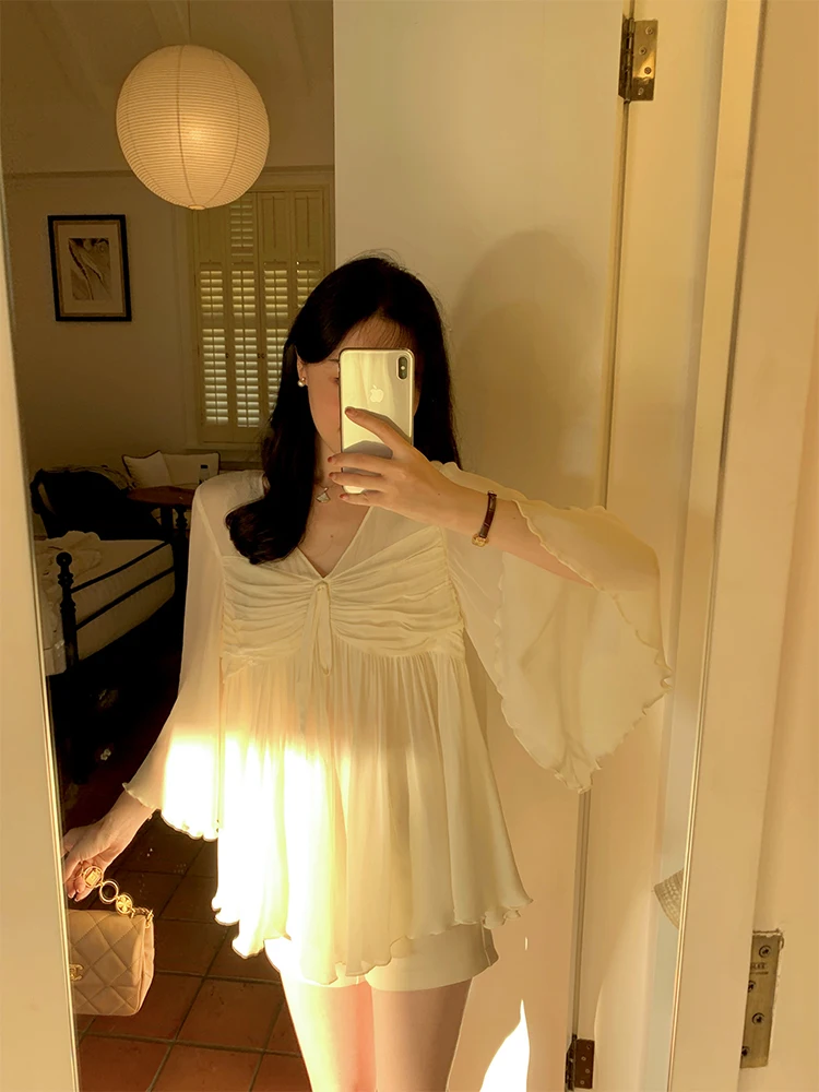 

Новая летняя женская блузка Wang Han Yan с шифоновым дизайном, рукавами «летучая мышь» и V-образным вырезом, стандартной длины, для повседневной носки