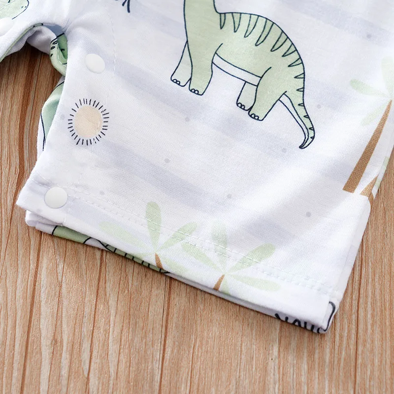 Summer Newborn Boys And Girls Cute Cartoon Stripe Dinosaur Full Print Comfortable Short Sleeve Jumpsuit