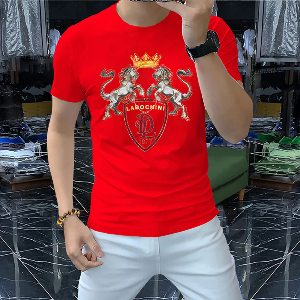 

Summer New Men's T-shirt Fashion Hot Diamond Lion Half Sleeve Round Neck Shirt Trendy Brand Male Bottom Tops Man Clothing