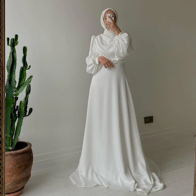 Vestidos de casamento de praia chiffon para hijab, vestidos de noiva, gola alta, manga longa, linha A, verão e primavera