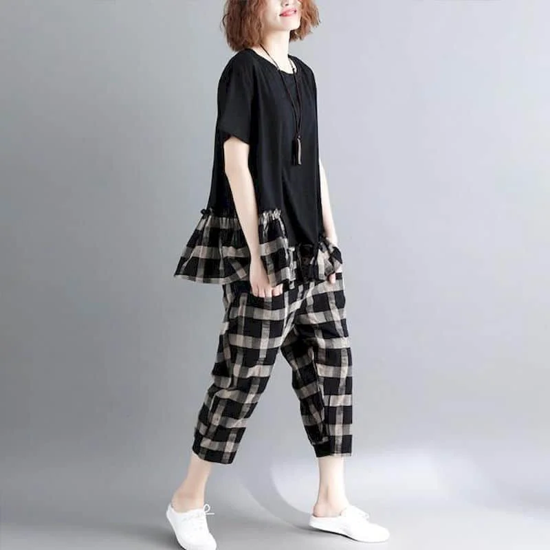 Cotton Linen Pants Sets Plaid Vintage O-Neck Shirt and Casual Harem Pants Oversized Korean Fashion Two Piece Sets Women Outfits