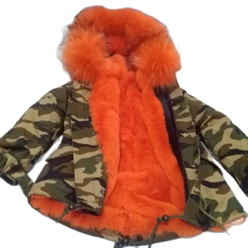 

Camouflage Short Parka With Orange/Black Faux Fur Lining High Quality Cotton Coat With Real Fur Collar