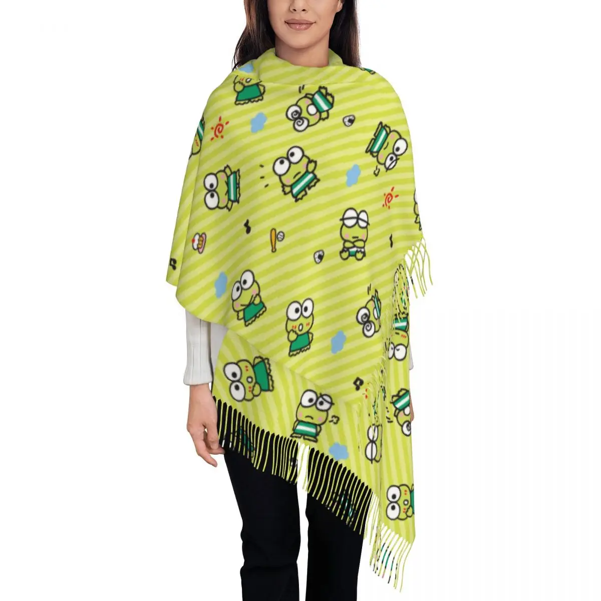 Custom Kerokero Keroppi Cartoon Tassel Scarf Women Soft Shawl Wrap Ladies Winter Fall Scarves