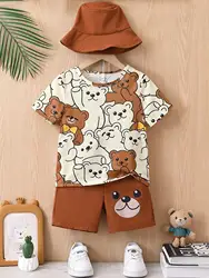 2-Piece Set of Young Boy Casual Cartoon Bear Print Round Neck Short-Sleeved T-Shirt and Shorts Set, Suitable for Summer, Suitable for Sports, Suitable for Daily Wear, Suitable for School, Suitable for Travel
