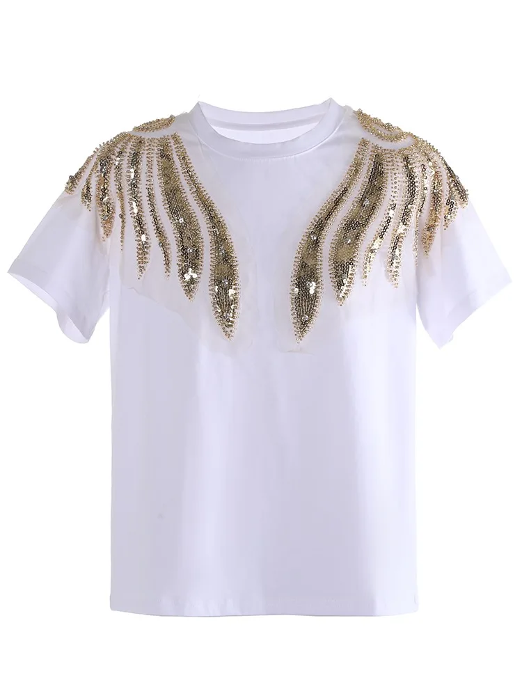 Women Tops Spring Summer New Fashion Diamonds Sequined Shirts Short Sleeve Loose Casual Shinny Party White  Black  Tops Blusas