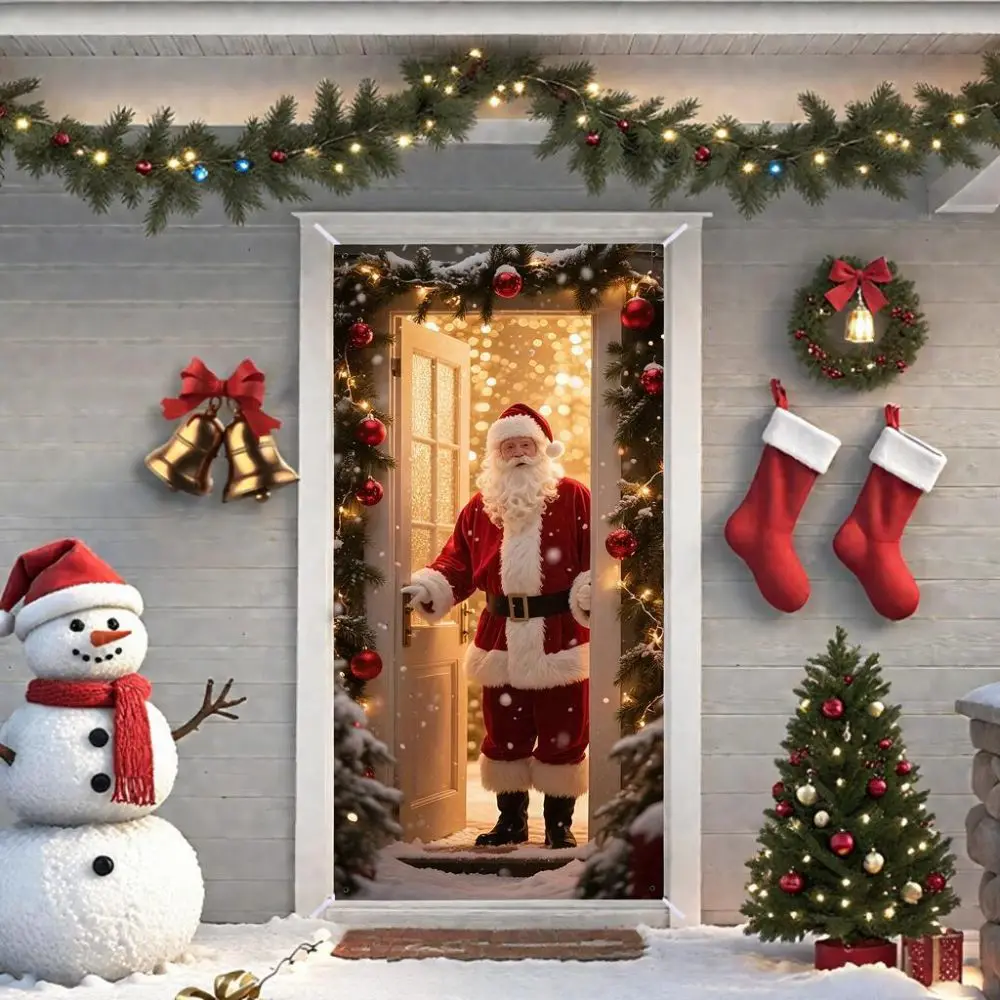 Santa Claus Pattern Christmas 2D Door Banner Perforated Strap Fastening Hanging Christmas Door Cover Polyester Rectangular