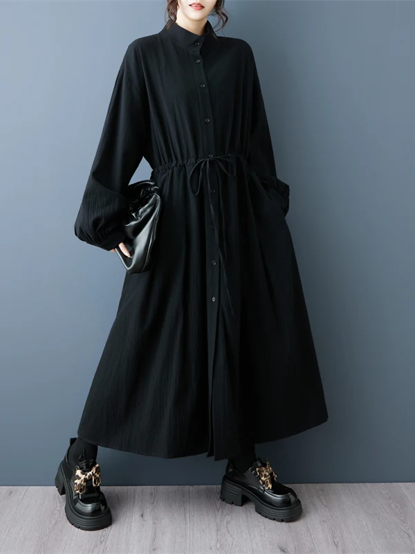 plus Size Autumn New Loose Dark Style Stand Collar Waist Drawstring Slimming Long Dress Coat Women's Fashion Cotton Gown