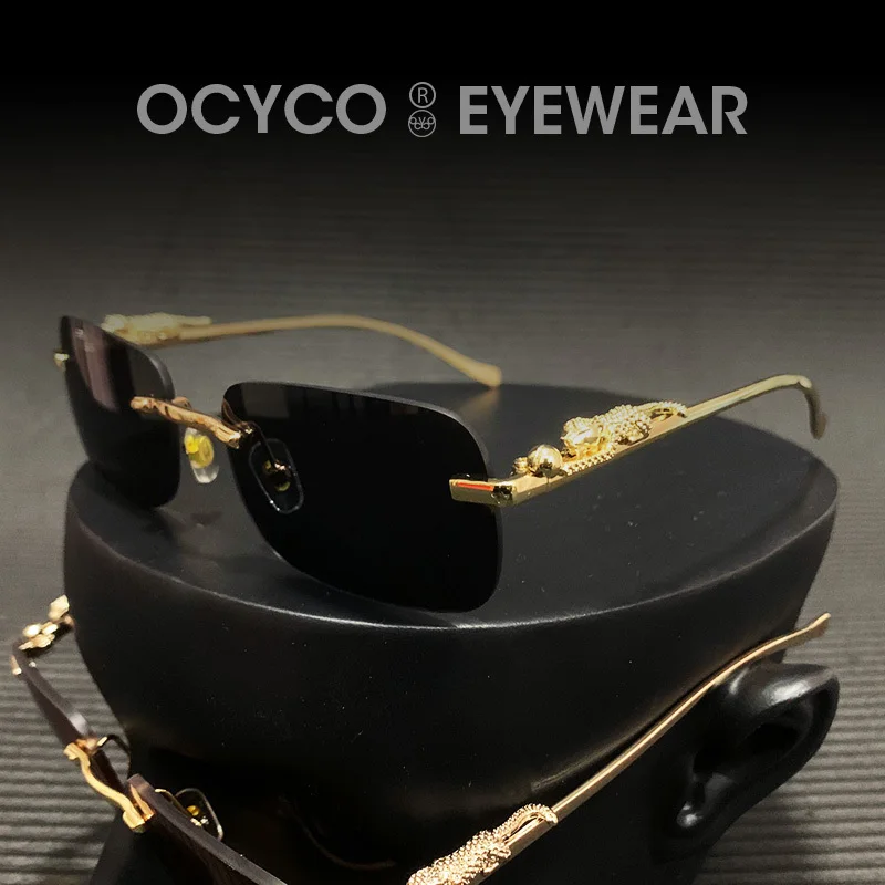 Rectangle Rimless Sunglasses Retro Cheetah Women Fashion Sun Glasses Men UV400 Eyewear Square Leopard Head Metal Shades