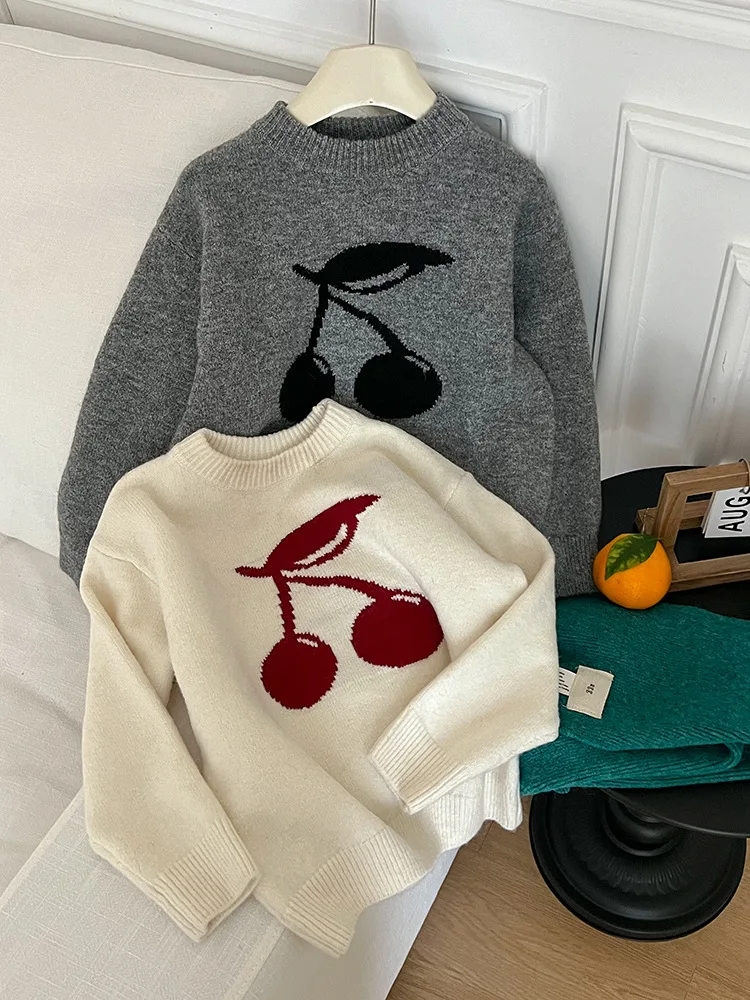 Sweet cherry sweater for girls and babies, children's Korean soft and sticky inner layer, outer layer, knitted top sweater