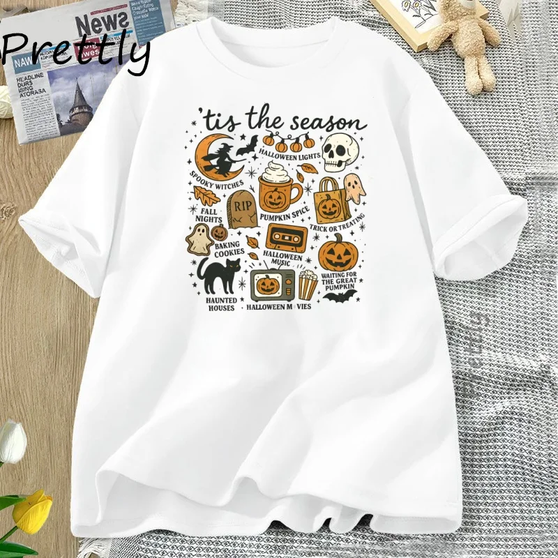Vintage Halloween Tshirt Tis' The Season Tees Retro Aesthetic Clothes Pumpkin Witch Graphic Tee Female Clothing Short Sleeve