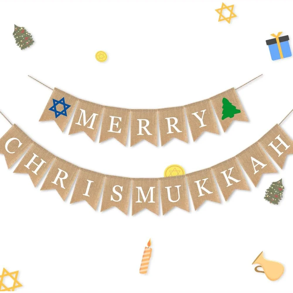 

Merry Chrismukkah Burlap Flag Banner Christmas and Hanukkah Party Garland Supplies Jewish Holiday Home Accessories Decorations